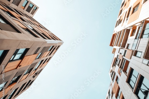 Apartment buildings rise toward the sky in a dramatic low angle perspective that emphasizes the modern geometric architecture and the clear open space between the high residential structures.
