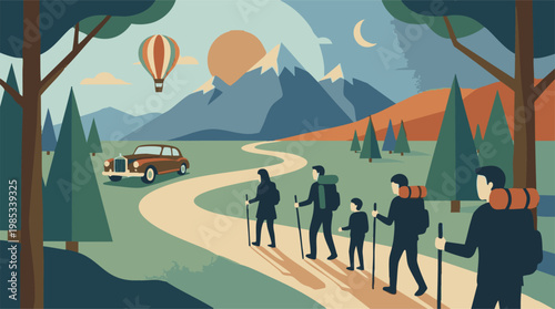 Stylized landscape illustration of family hiking in mountains with vintage car