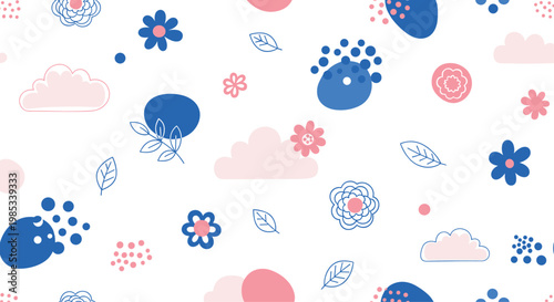 Playful and abstract seamless pattern combines blue geometric blobs with pink clouds and simple flowers for a cheerful and modern decorative feel.