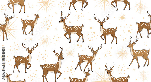 Enchanting seamless pattern shows several spotted deer walking among golden stars and dots on a plain white background for a whimsical nursery theme.