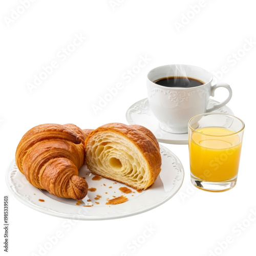 Croissants coffee and orange juice on transparent background