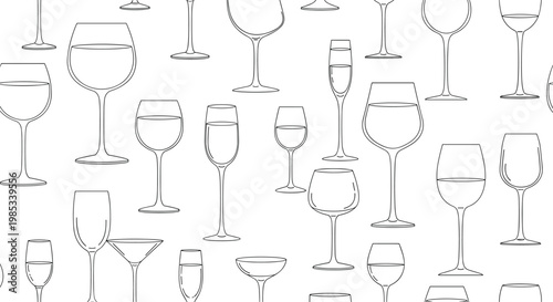 Minimalist seamless pattern showcases various types of wine and cocktail glass silhouettes in a clean black and white line art style for elegance.