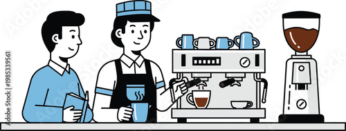Barista making coffee for customer at cafe counter with espresso machine and grinder