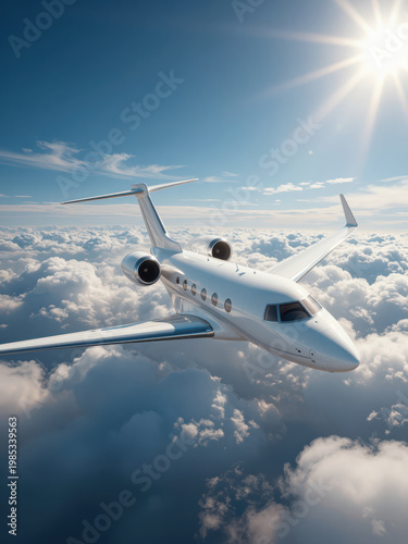 White Private Jet Flying Above Fluffy Clouds at Sunrise