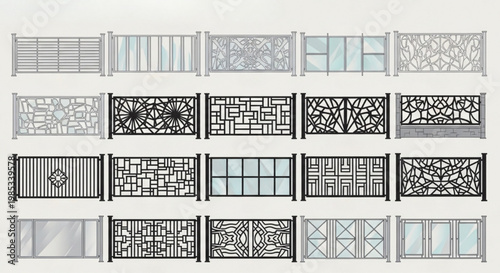 Modern Wrought Iron and Glass Fence Elevation Vector Set for Architectural Railing Design