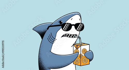 Funny cartoon shark wearing stylish black sunglasses drinks orange juice from a carton with a straw against a plain light blue background.