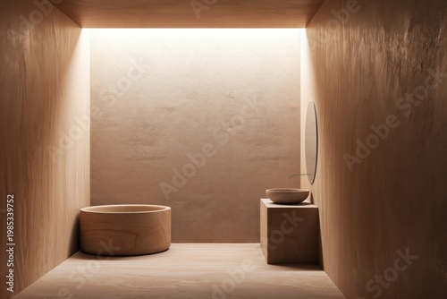 Bathtub and basin are positioned in a minimalist bathroom with warm lighting and smooth wall textures that evoke a spa-like feeling for a luxury home interior design project.