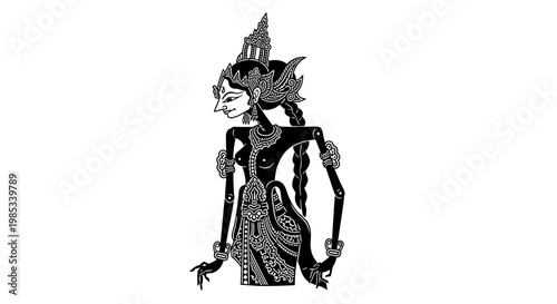 Traditional Wayang Kulit Shadow Puppet Figure, Indonesian Culture, Black and White