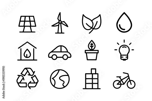 Eco friendly icon set: solar panel wind turbine leaves water drop house electric car plant lightbulb recycling earth building bicycle with eco system lightbulb recycling building