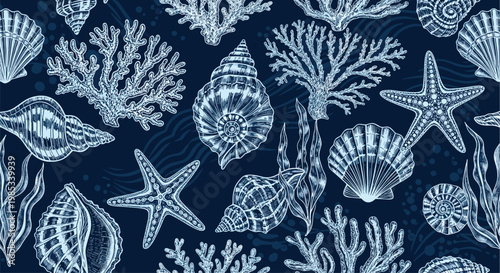 Intricate seamless marine pattern features detailed sketches of sea shells, starfish, and coral branches in shades of blue for a nautical theme.