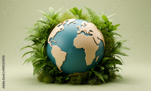 Stylized Globe Surrounded by Lush Green Plants Symbolizing Nature and Ecology