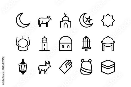 Collection of islamic and ramadan icons with crescent religious sacrifice geometric abstract collection illustration traditional celebration symbolic cultural iconography