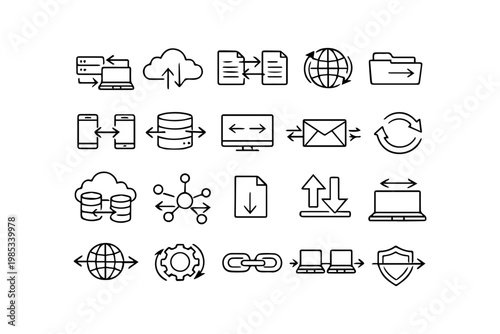 Set of technology and data transfer icons with download transfer connection database envelope document settings security communication technology information computing internet