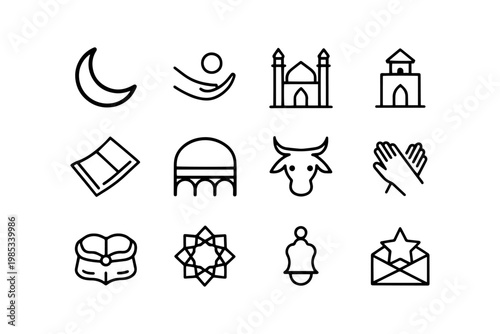 Islamic symbols and icons for ramadan and eid with crescent offering sacrifice religious geometric envelope collection illustration symbolic cultural iconography celebration