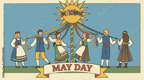 People in Traditional Attire Celebrating May Day Around a Maypole