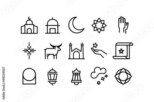 Islamic icons set: mosque crescent moon star lantern praying hands mosque dome with middle east culture icon religious religion building ornament decoration tradition spiritual