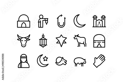 Islamic cultural icons: mosque moon star lantern praying hands sheep person with middle east culture icon religious religion building headwear architecture spiritual community