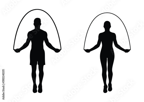 Black Silhouette of Man and Woman Jumping Rope for Fitness, Cardio Workout, Skipping Rope Training, Weight Loss, and Athletic Exercise Illustration