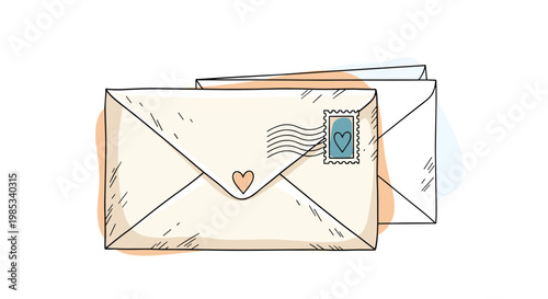 Two hand drawn mail envelopes with a heart stamp and wavy lines representing a romantic letter or wedding invitation.