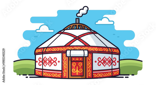 Traditional Yurt Dwelling with Decorative Patterns on Grassy Landscape