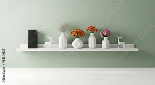 White shelf with vases and decorative reindeer on green wall flowers decorative green wall