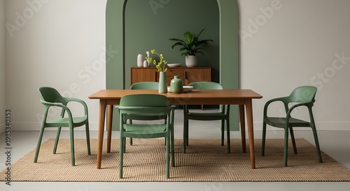 Modern dining room with green chairs and wooden table modern furniture interior decor