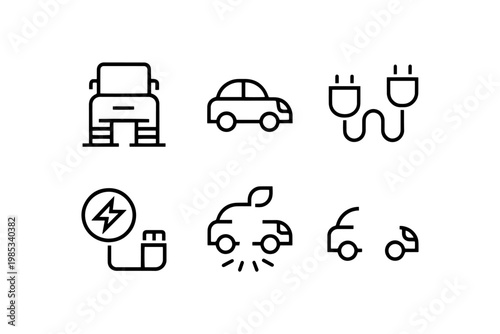 Electric car icons set sustainable transportation and charging with eco friendly line art zero emission charging transport automobile collection technology sustainable renewable