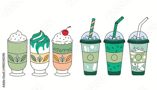 Assortment of Green Matcha Drinks and Desserts in Glassware and Cups green tea beverage