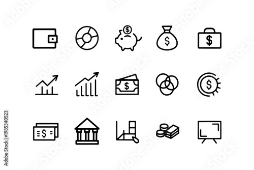 Financial icons money banking investment symbols with piggy bank investment building briefcase collection business financial exchange analysis transaction