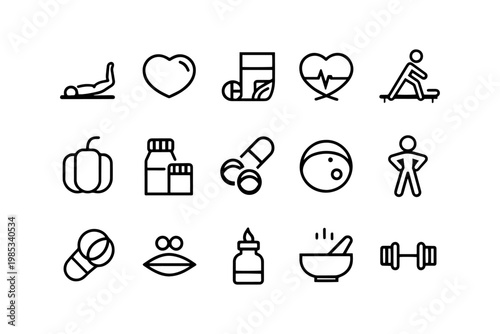 Collection of health and fitness icons with white background medicine activity exercise wellness nutrition illustration collection pictogram iconography isolated