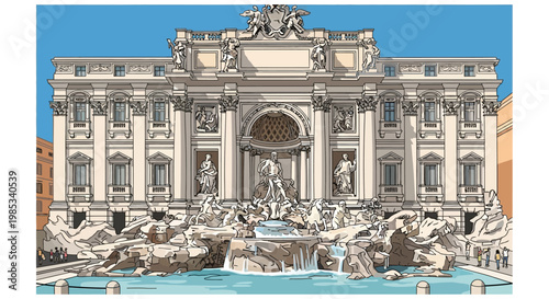 Trevi Fountain Rome Illustration: Baroque Architecture Landmark, Italy