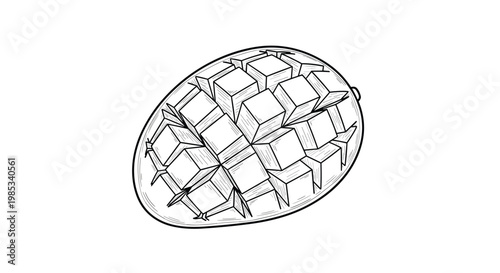 Detailed line art illustration of a halved mango fruit with the pulp cut into a square grid pattern for easy serving.