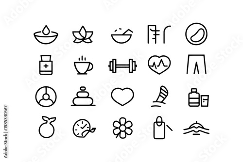 Wellness and health icon set with lotus flower and dumbbell hot drink water sport drink bottle white background wellness dumbbell activity exercise windsurf illustration pictogram