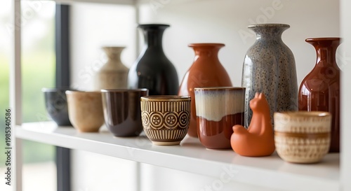 A collection of ceramic vases and cups on a white shelf