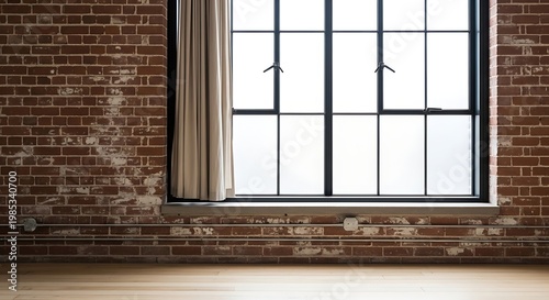 Interior view of a room with a large window and a brick wall wooden floor