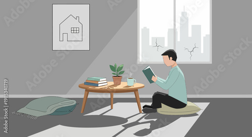 Man sitting on floor reading book.