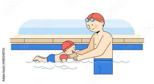An adult instructor patiently teaches a happy young child swimming techniques in a clear blue swimming pool demonstrating water safety and learning to stay afloat with gentle support and