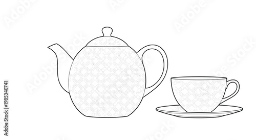 Classic porcelain teapot and a matching teacup on a saucer decorated with a delicate grey repeating pattern.