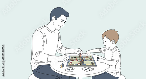 A happy father and his young son enjoying a board game together at a round table engaging in family leisure time and strengthening their bond through playful competition and shared activities