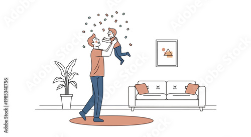Joyful father tossing his young son playfully in the air while they enjoy a home living room setting with furniture and a plant conveying happy family moments and childhood fun during playtime