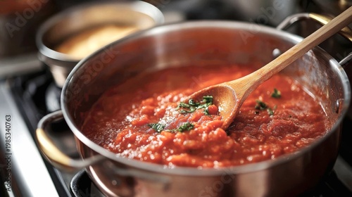  A large, worn copper pot sits on a vintage stove, filled to the brim with a simmering, deep red tomato sauce