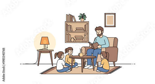Father reads a book to his attentive children gathered around him on a rug in a cozy living room setting fostering imagination and shared family moments
