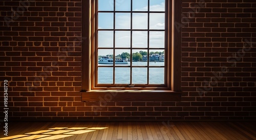Interior view of a room with a window overlooking a body of water and a boat brick wall wooden floor