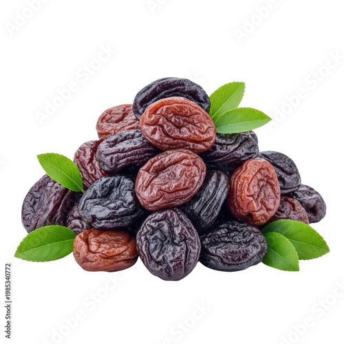Pile of prunes with green leaves
