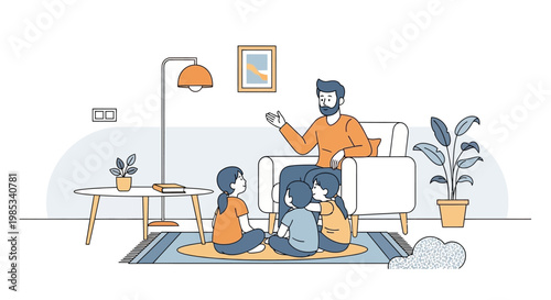 A father lovingly shares a captivating story with his attentive children gathered around in a cozy living room setting creating cherished family moments and strengthening bonds through shared