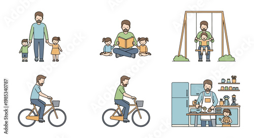Joyful father engaged in diverse family activities with children showcasing nurturing relationships and happy memories including outdoor play reading stories cycling adventures and shared meal