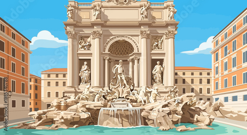 Картината върху платно Trevi Fountain Rome Italy Landmark Monument Baroque Architecture Cartoon Style