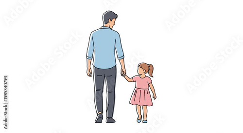 A father and daughter are holding hands and walking forward together symbolizing family bonding and generational connection seen from behind in a line art style capturing a precious moment of