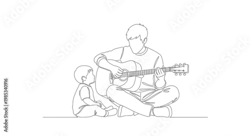 A person plays an acoustic guitar for a small child sitting nearby creating a touching moment of connection and shared musical experience between generations demonstrating familial bonds and