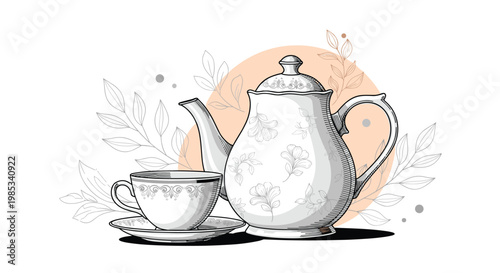 Elegant ornate porcelain teapot and cup set with a floral pattern and a delicate saucer on an abstract background.